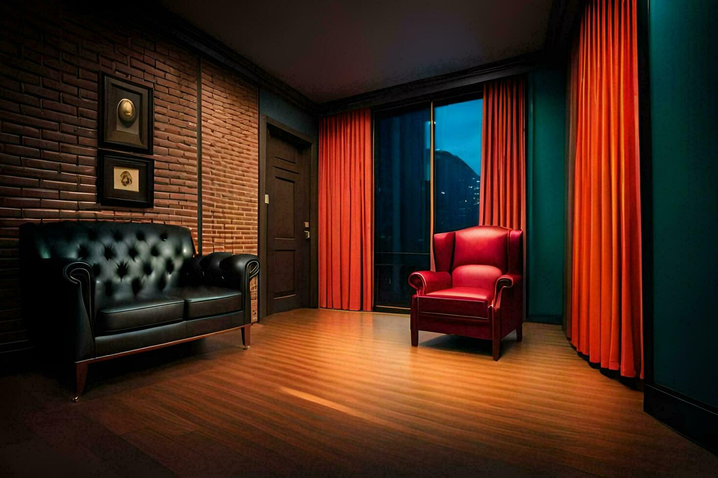 a room with a red chair and a brick wall. AI-Generated photo