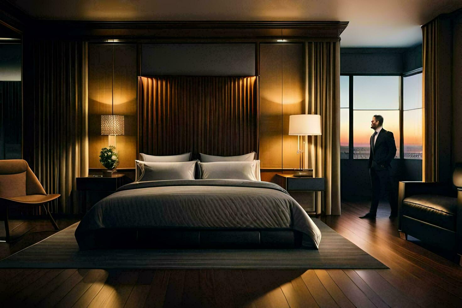a man stands in front of a bed in a hotel room. AI-Generated photo