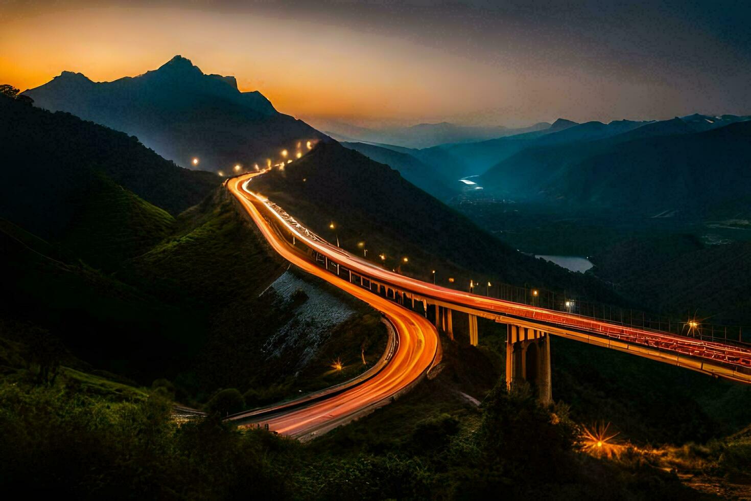 un puente terminado un montaña a puesta de sol. generado por ai foto