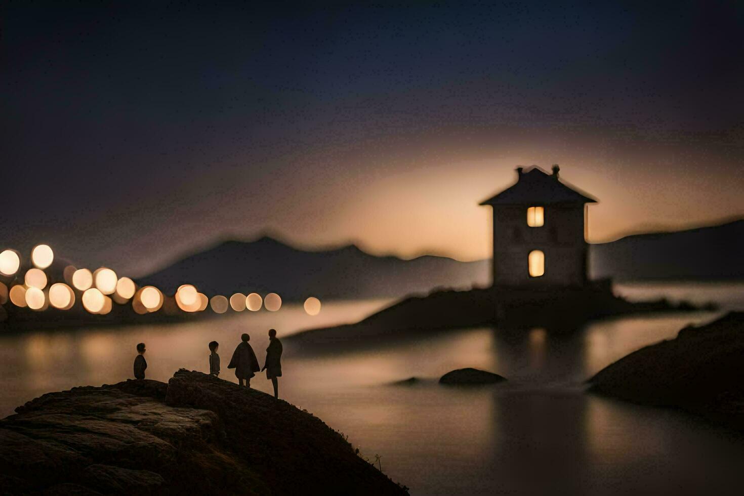 a couple of people standing on a rock in front of a lighthouse. AI-Generated photo