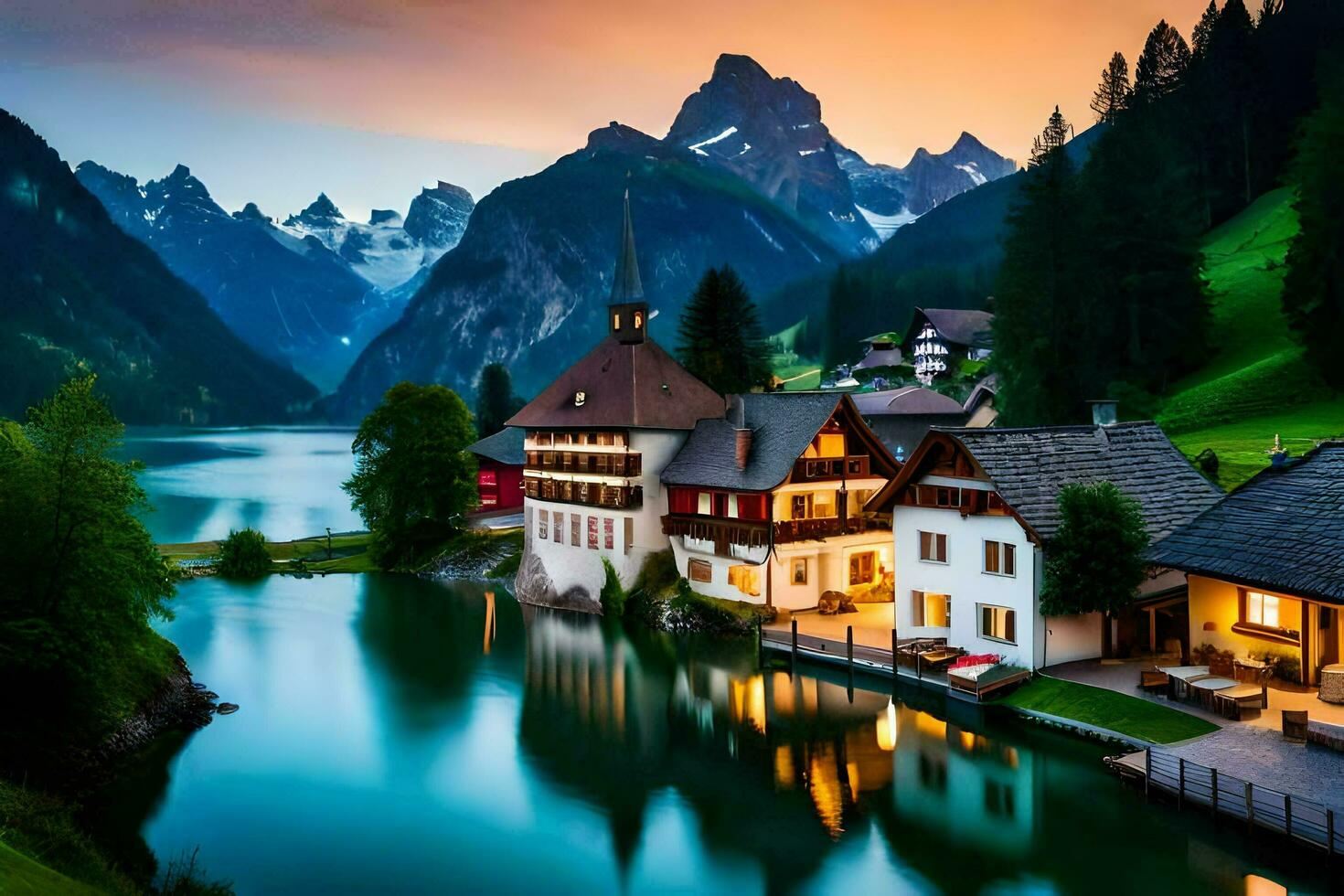 a beautiful mountain village with a lake and mountains in the background. AI-Generated photo