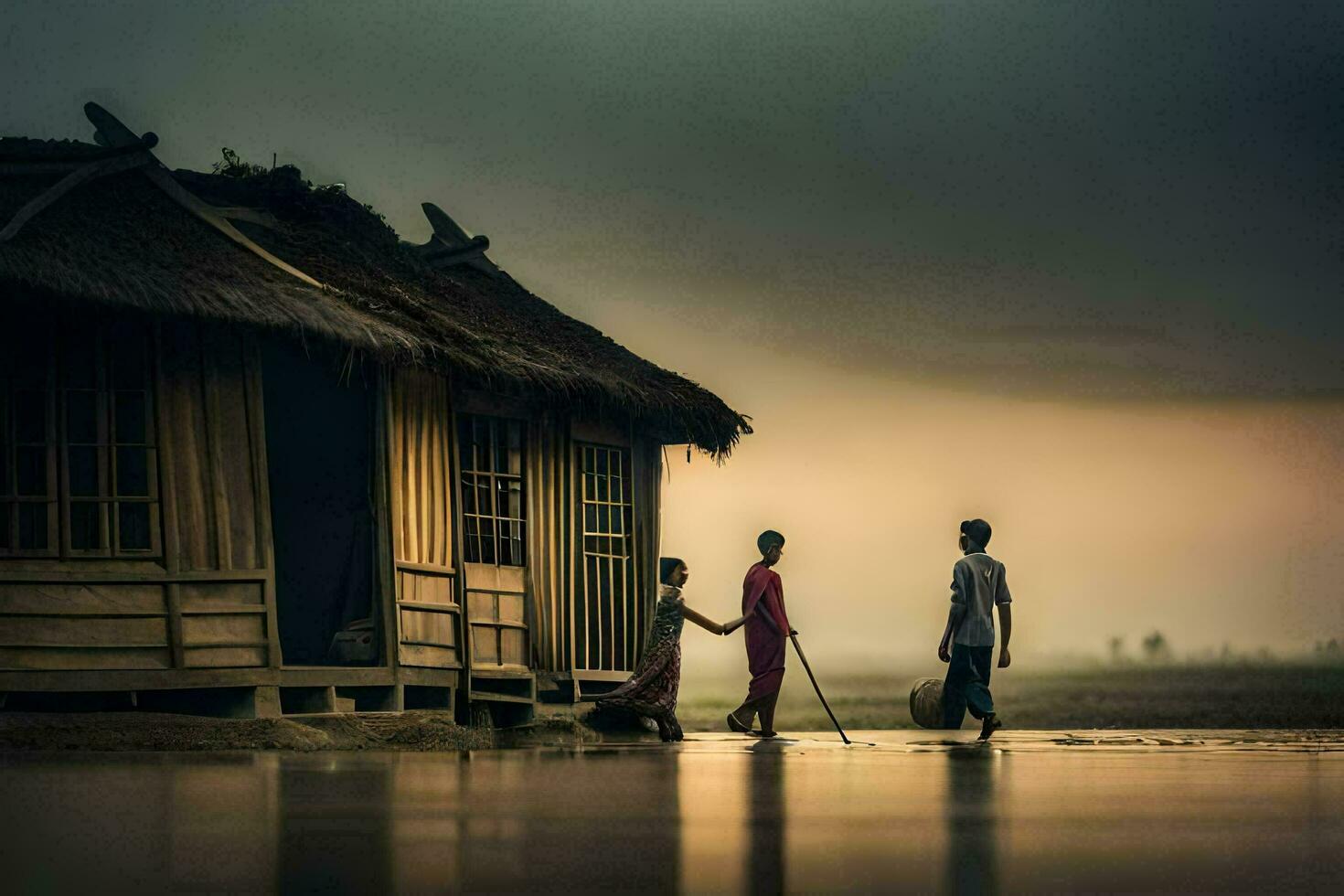 two people walking towards a hut in the rain. AI-Generated photo