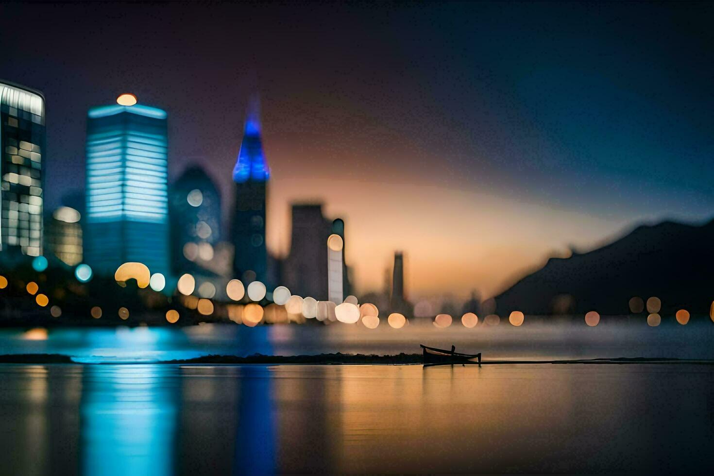 a boat is floating in the water at night. AI-Generated photo