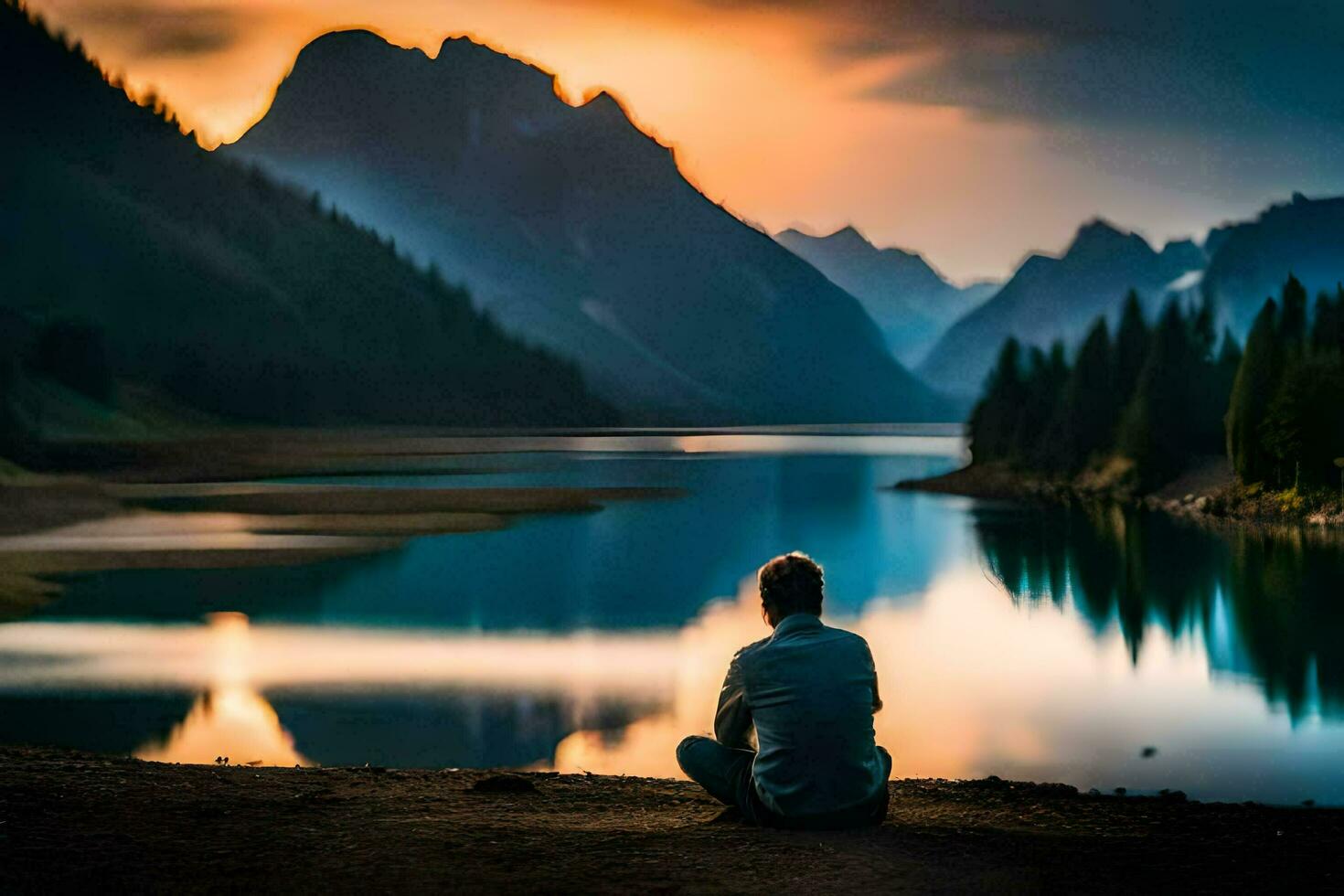 un hombre se sienta en el borde de un lago a puesta de sol. generado por ai foto