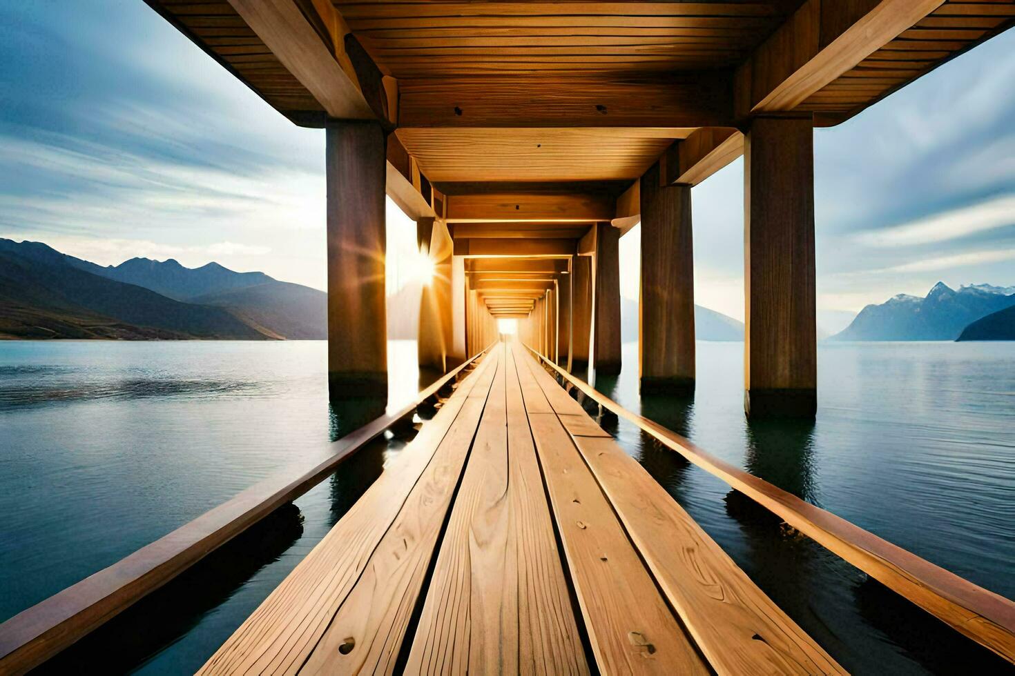 a wooden pier with the sun shining through it. AI-Generated photo