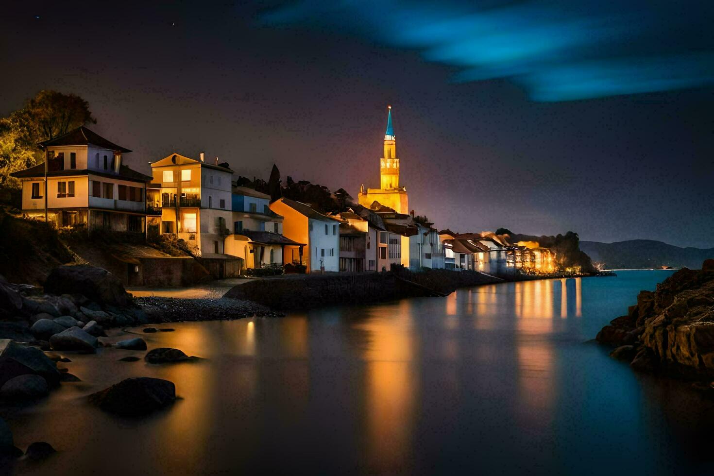 un pueblo a noche con luces en el agua. generado por ai foto