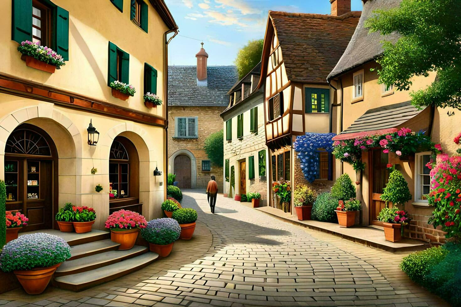 a painting of a street in a small town. AI-Generated photo