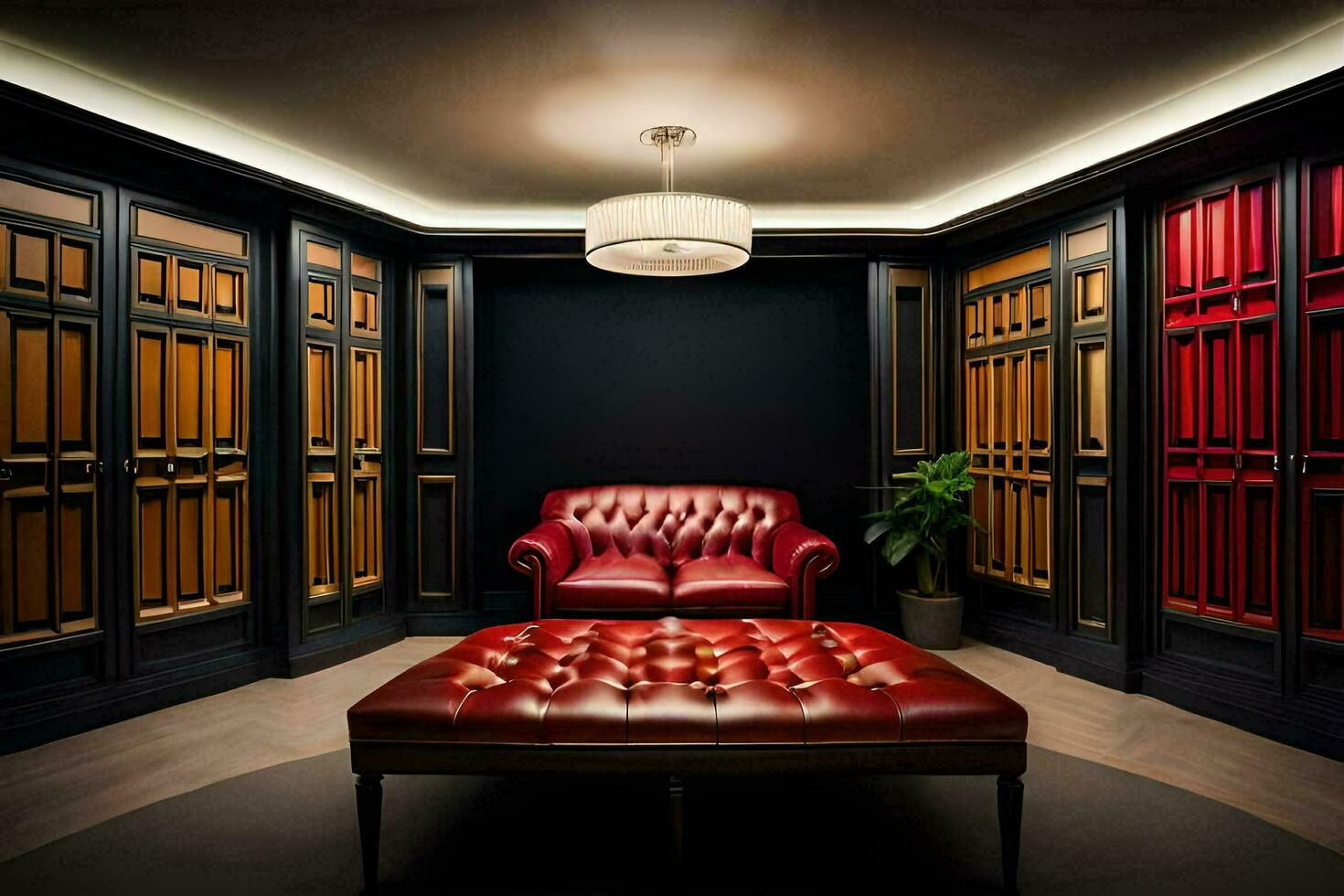 a room with red leather chairs and a black and white ottoman. AI-Generated photo