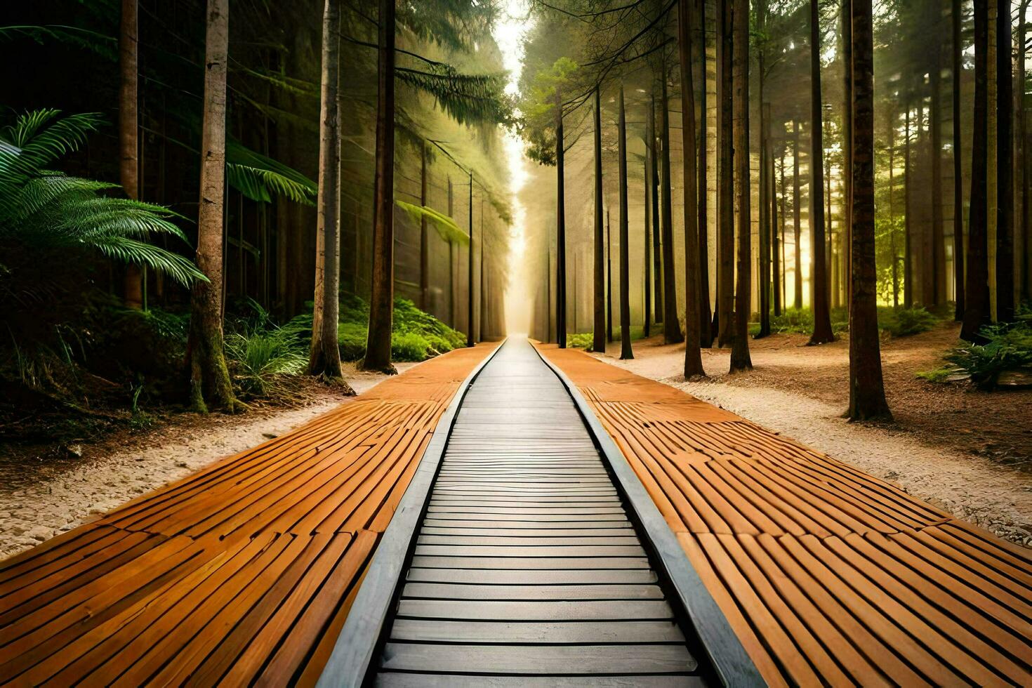 a wooden walkway in the middle of a forest. AI-Generated photo