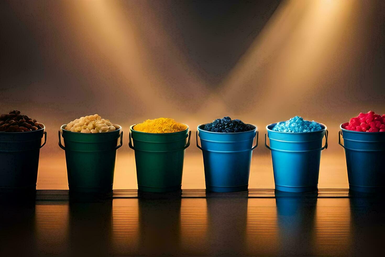 five buckets of colored powder are lined up in a row. AI-Generated photo