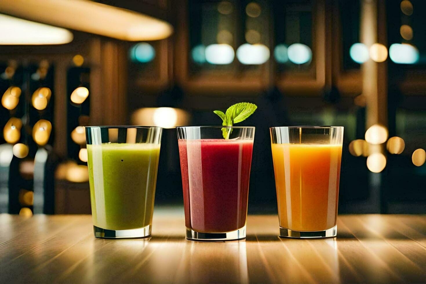 three different types of juices are shown on a table. AIGenerated
