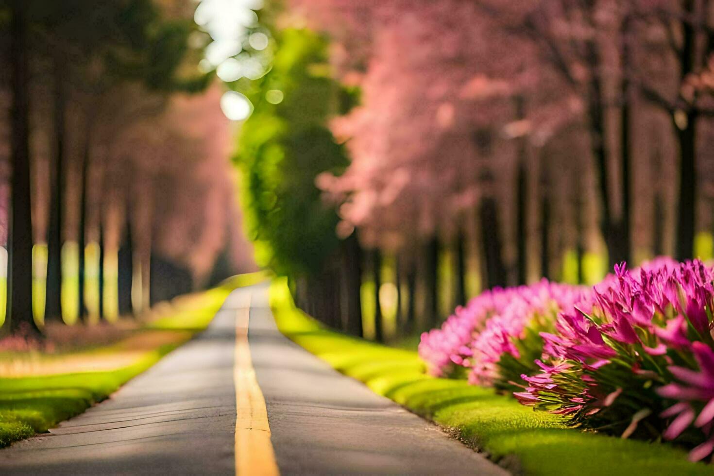a road lined with pink flowers and trees. AI-Generated