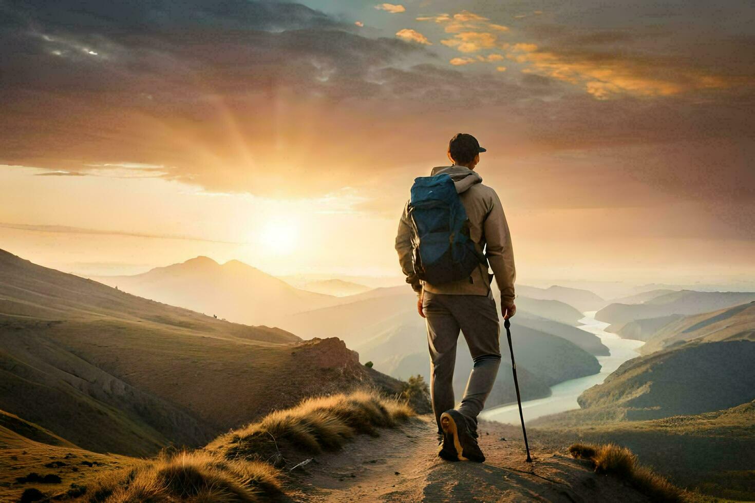 un hombre con un mochila y emigrar polos soportes en un montaña parte superior a puesta de sol. generado por ai foto