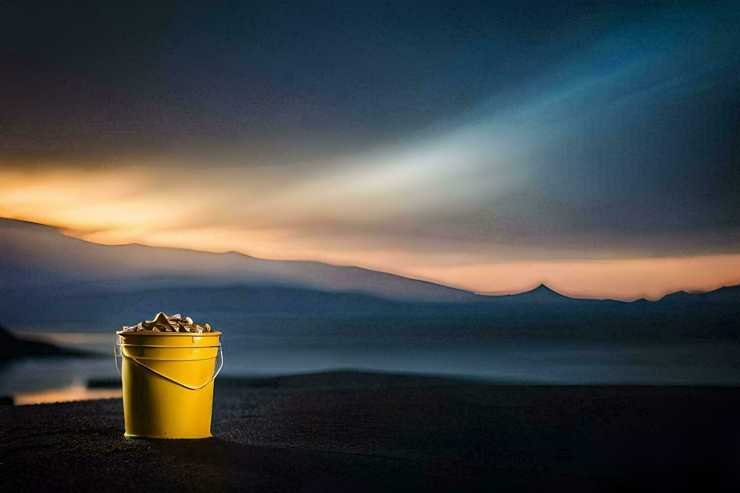 a bucket of popcorn on the beach at sunset. AI-Generated photo