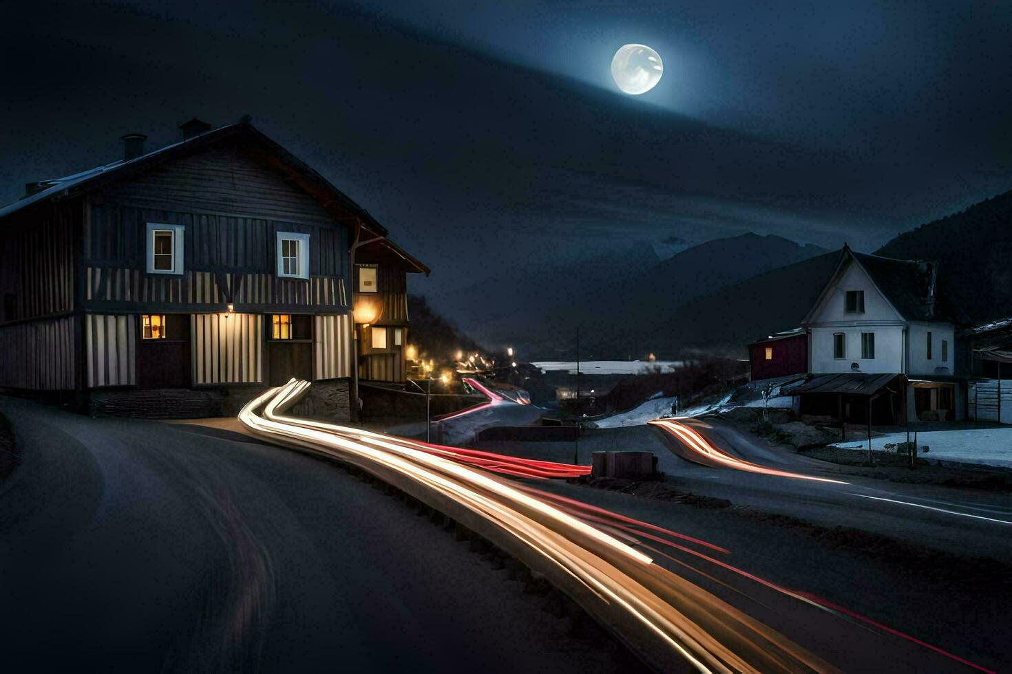 a street with a house and a moon in the background. AI-Generated photo