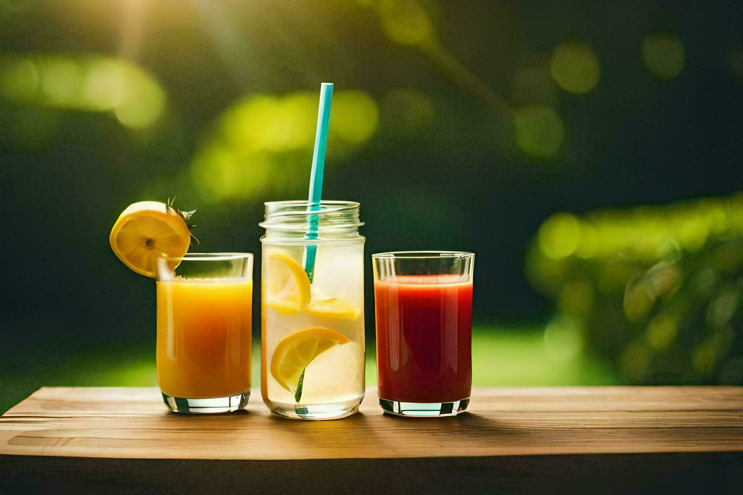 three glasses of juice with a straw. AI-Generated photo