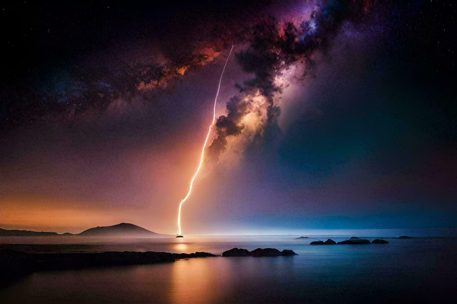 a lightning bolt strikes through the sky over a body of water. AI-Generated photo