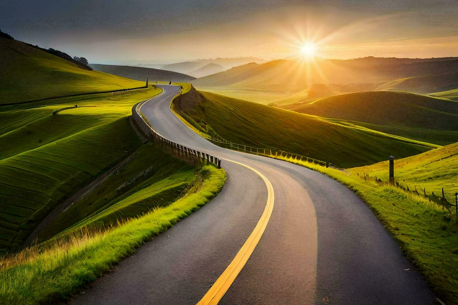 the sun rises over a winding road in the middle of a green valley. AI-Generated photo
