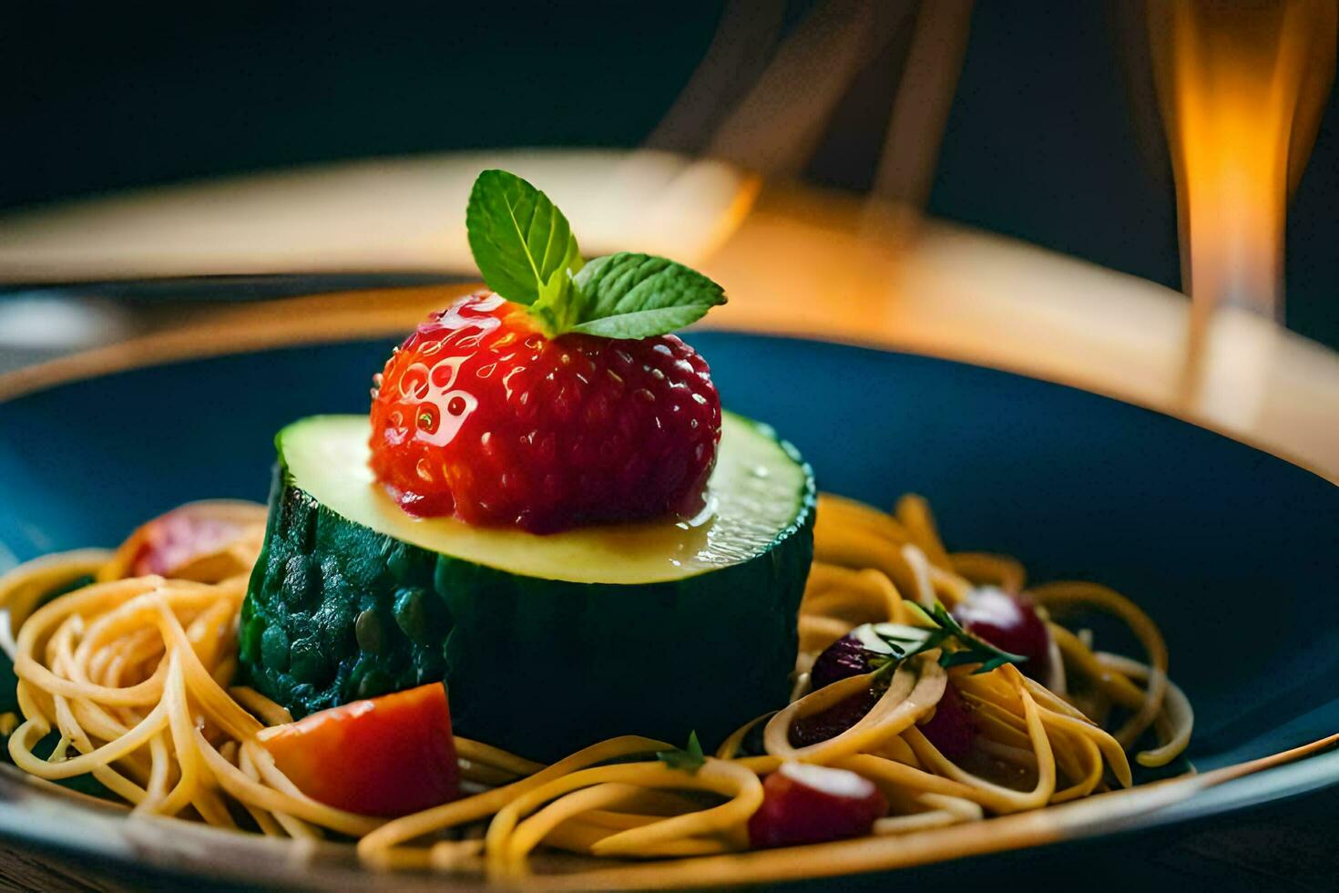 a plate with spaghetti and a strawberry on top. AI-Generated photo