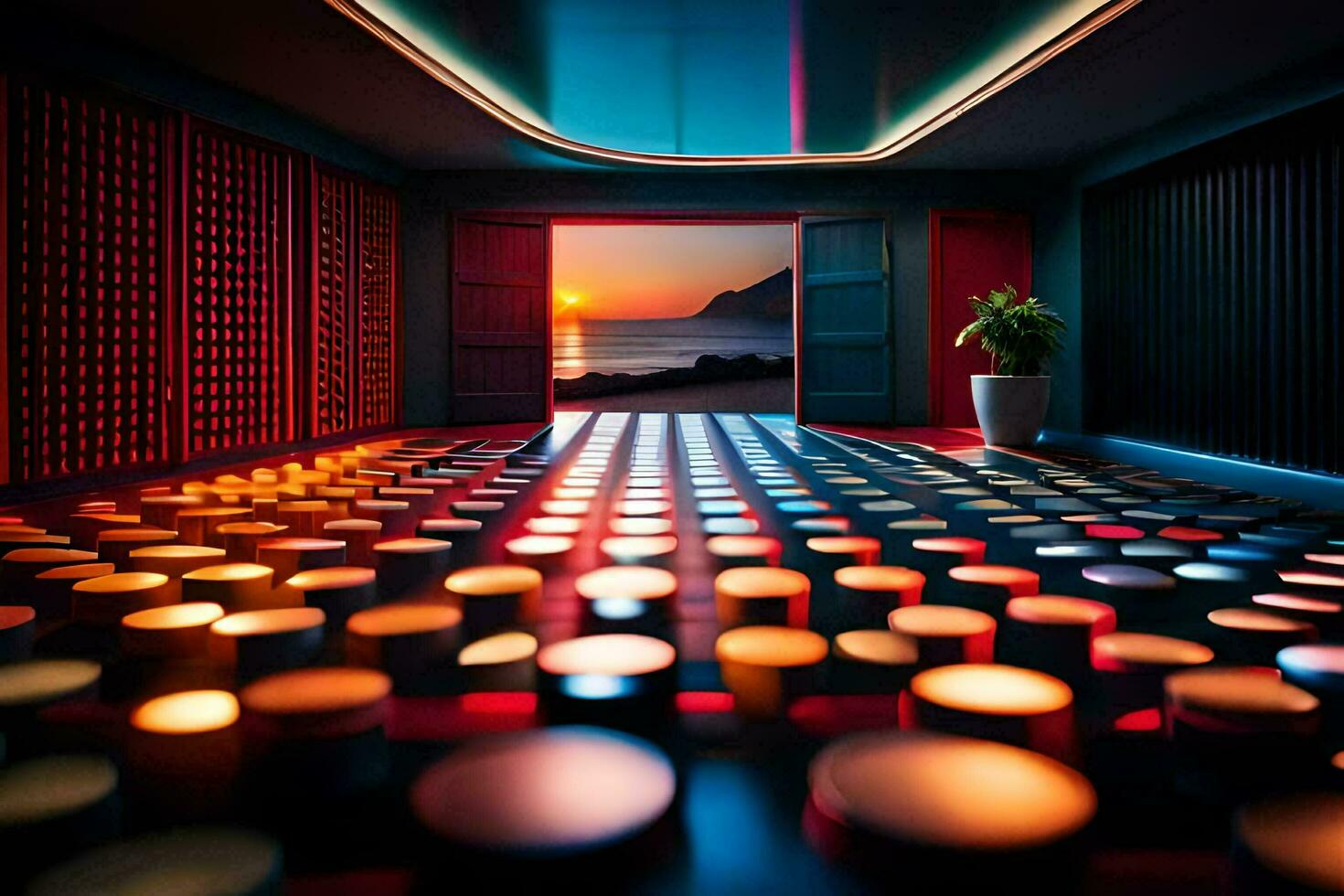 a room with candles and a sunset in the background. AI-Generated photo