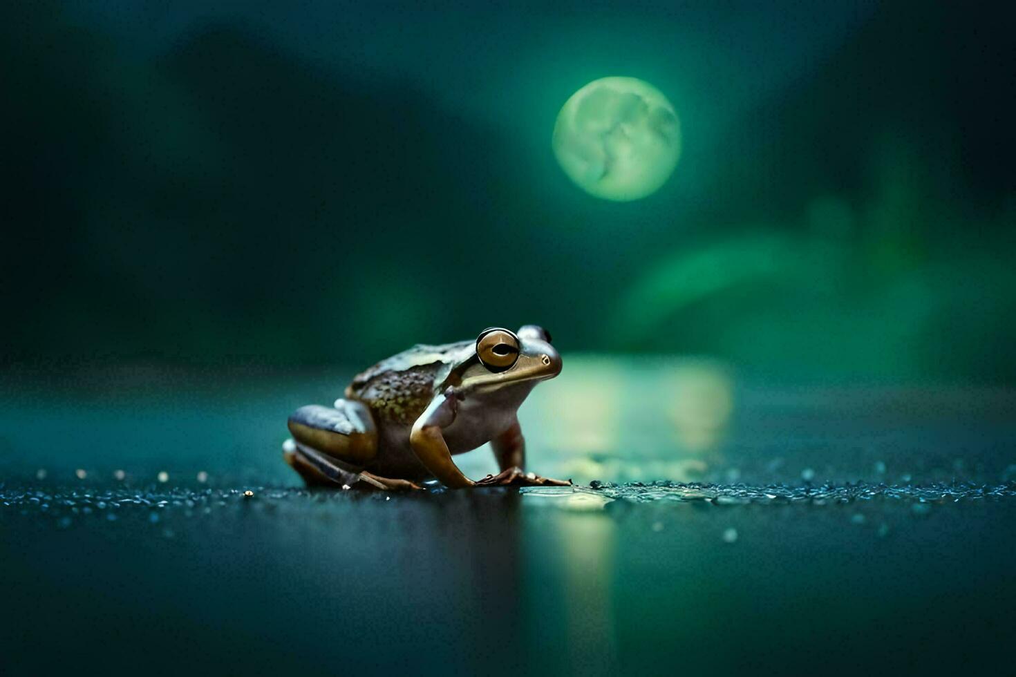 a frog sitting on the ground in front of a full moon. AI-Generated photo