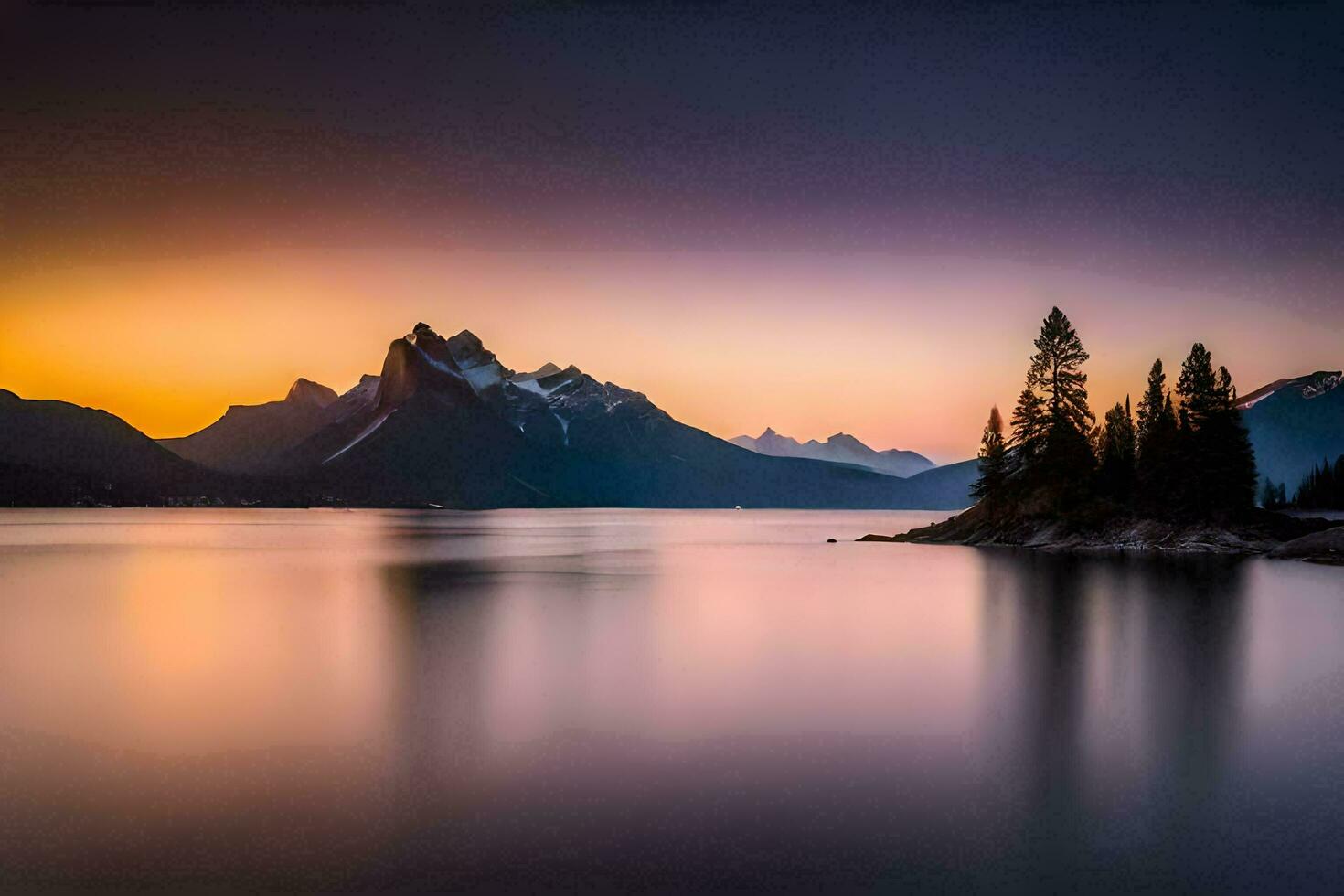 a beautiful sunset over a lake with mountains in the background. AI-Generated photo