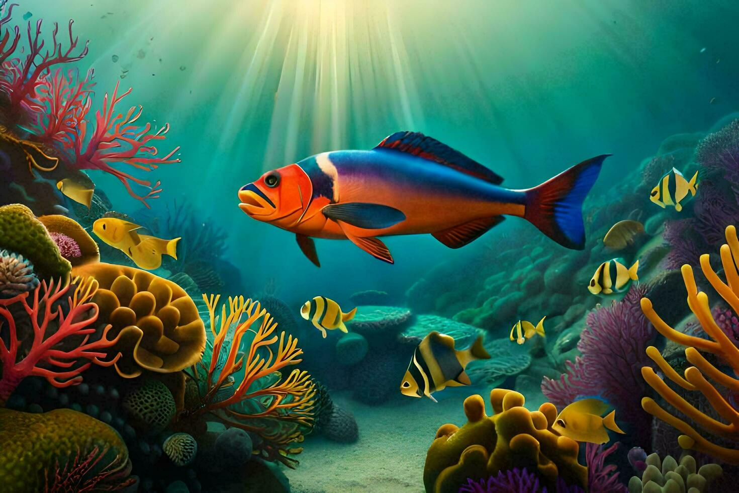 fish swimming in the ocean with coral reefs and fish. AI-Generated photo