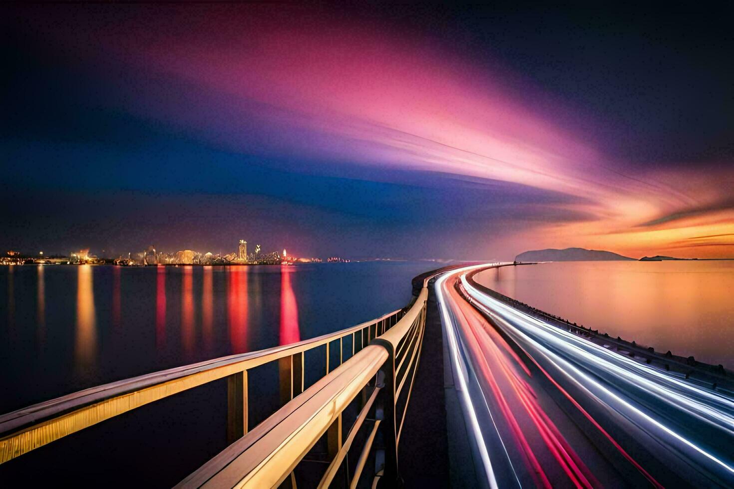 a long exposure photograph of a highway with lights and cars. AI-Generated photo