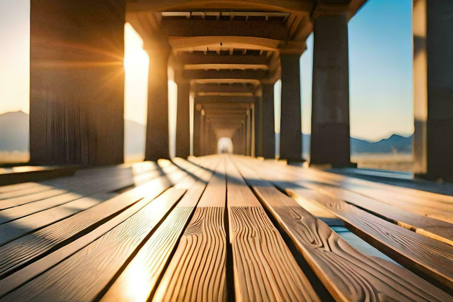 a wooden bridge with the sun shining through it. AI-Generated photo