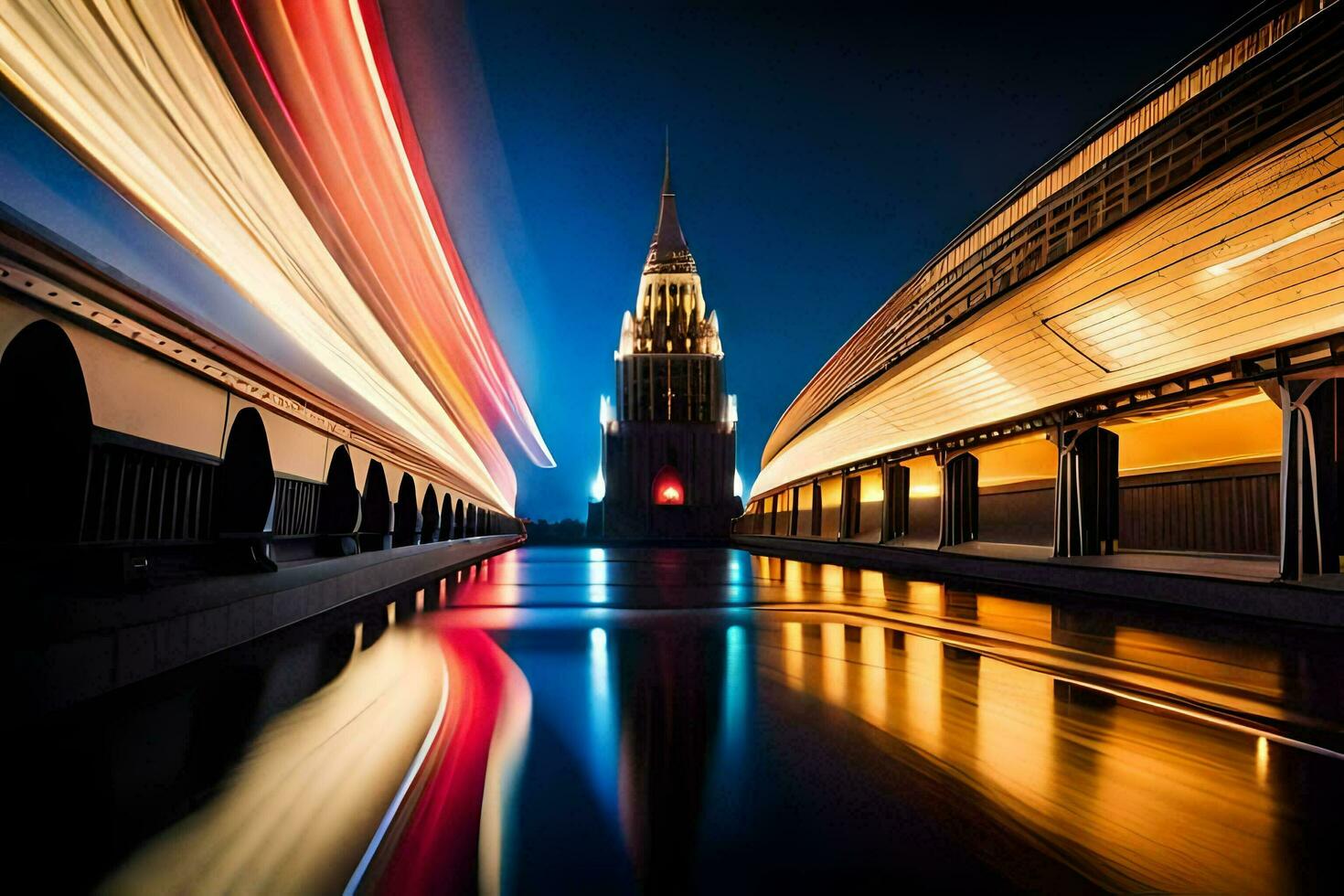 a long exposure photograph of a church tower at night. AI-Generated photo