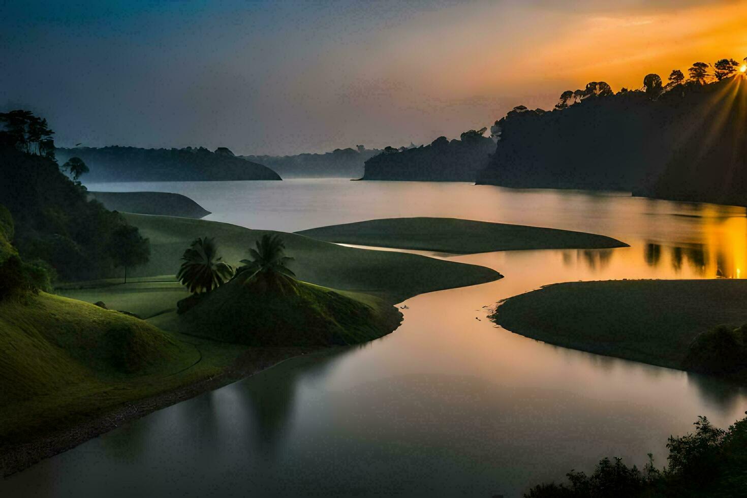 the sun sets over a river in the middle of a forest. AI-Generated photo