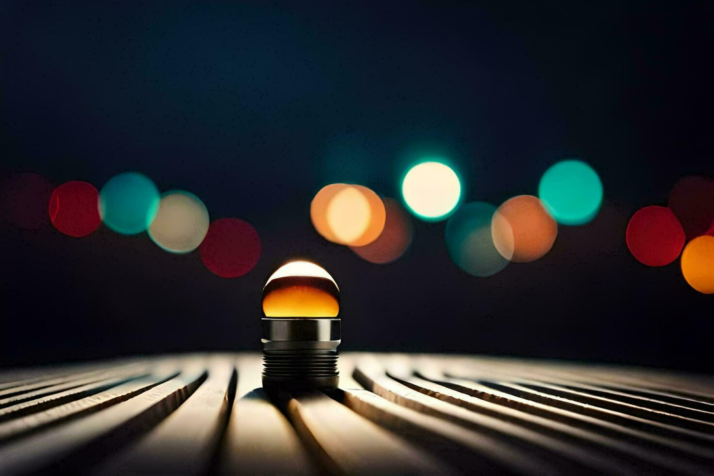 un ligero bulbo en un mesa con borroso luces. generado por ai foto