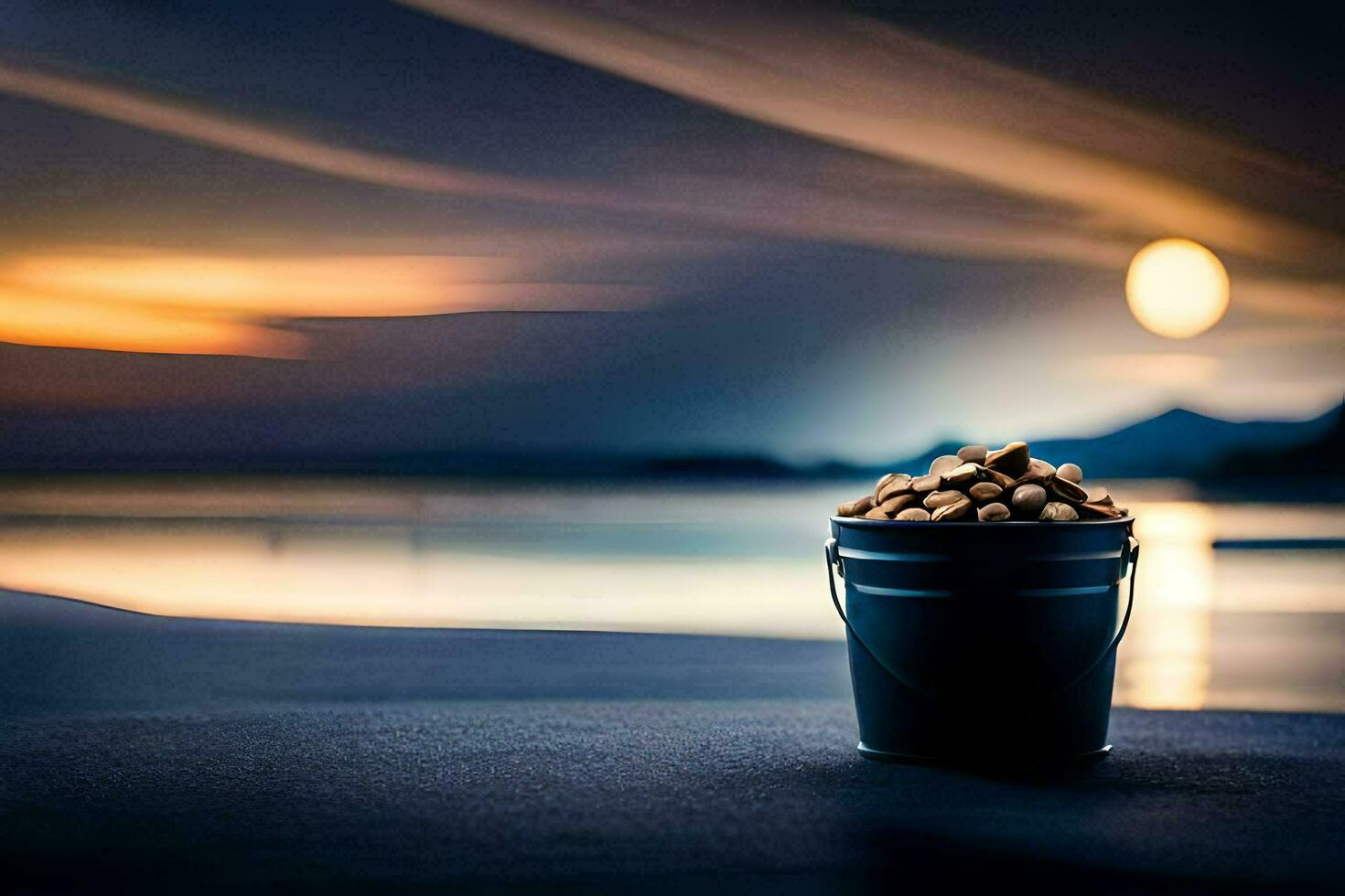 a bucket of nuts on the beach at sunset. AI-Generated photo