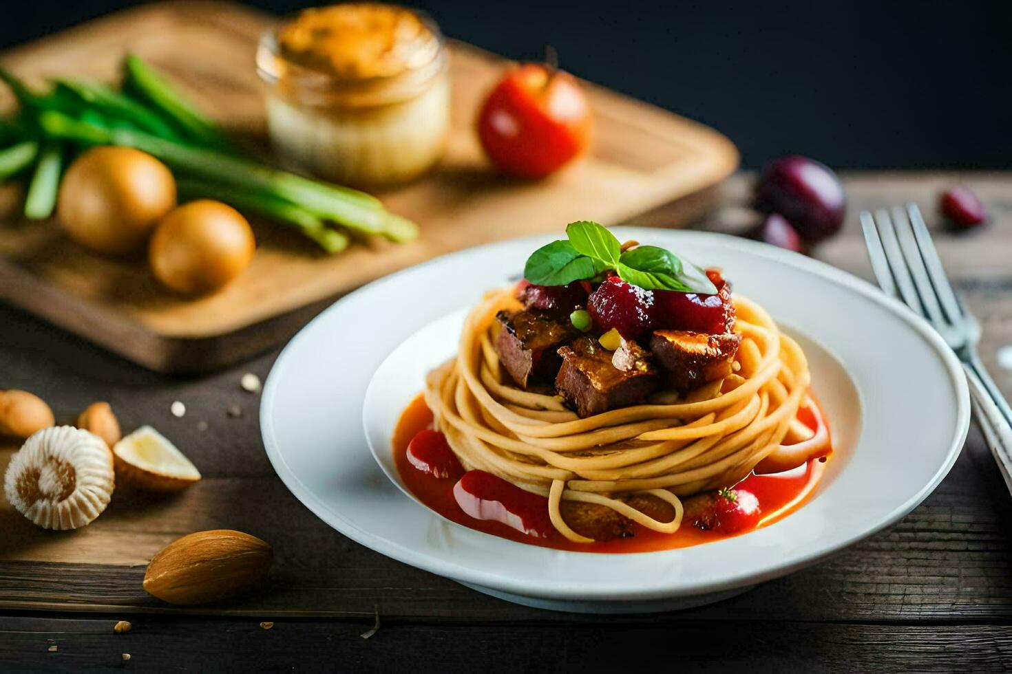 spaghetti with meat and tomatoes on a wooden table. AI-Generated photo