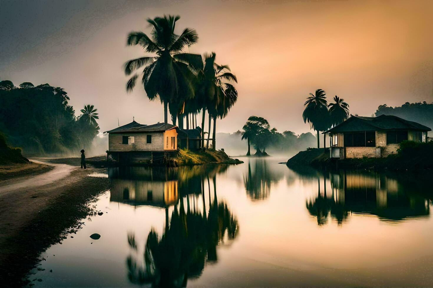 a small village on the river with palm trees. AI-Generated photo