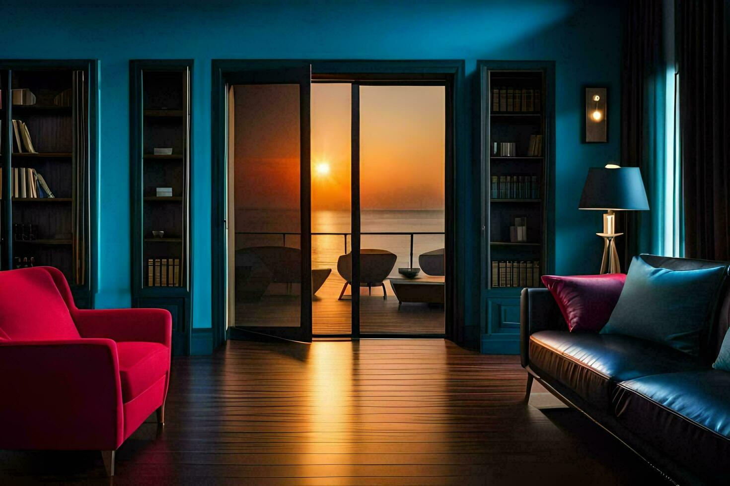 a living room with blue walls and a view of the ocean. AI-Generated photo