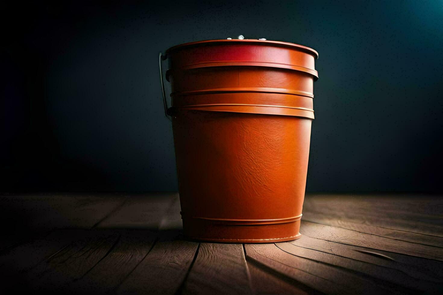 a red plastic cup sitting on a wooden table. AI-Generated photo