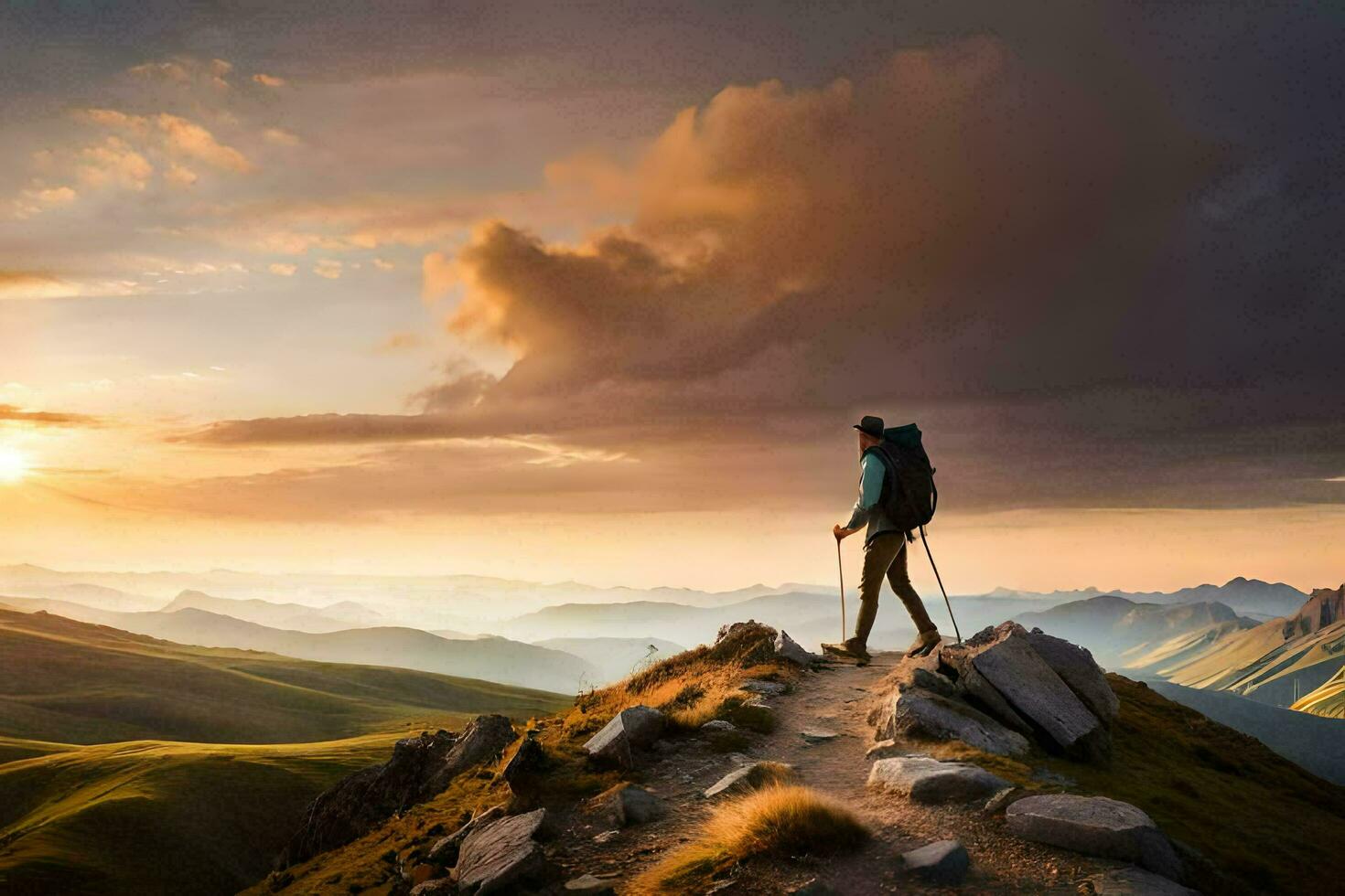 a hiker stands on the edge of a mountain at sunset. AI-Generated photo