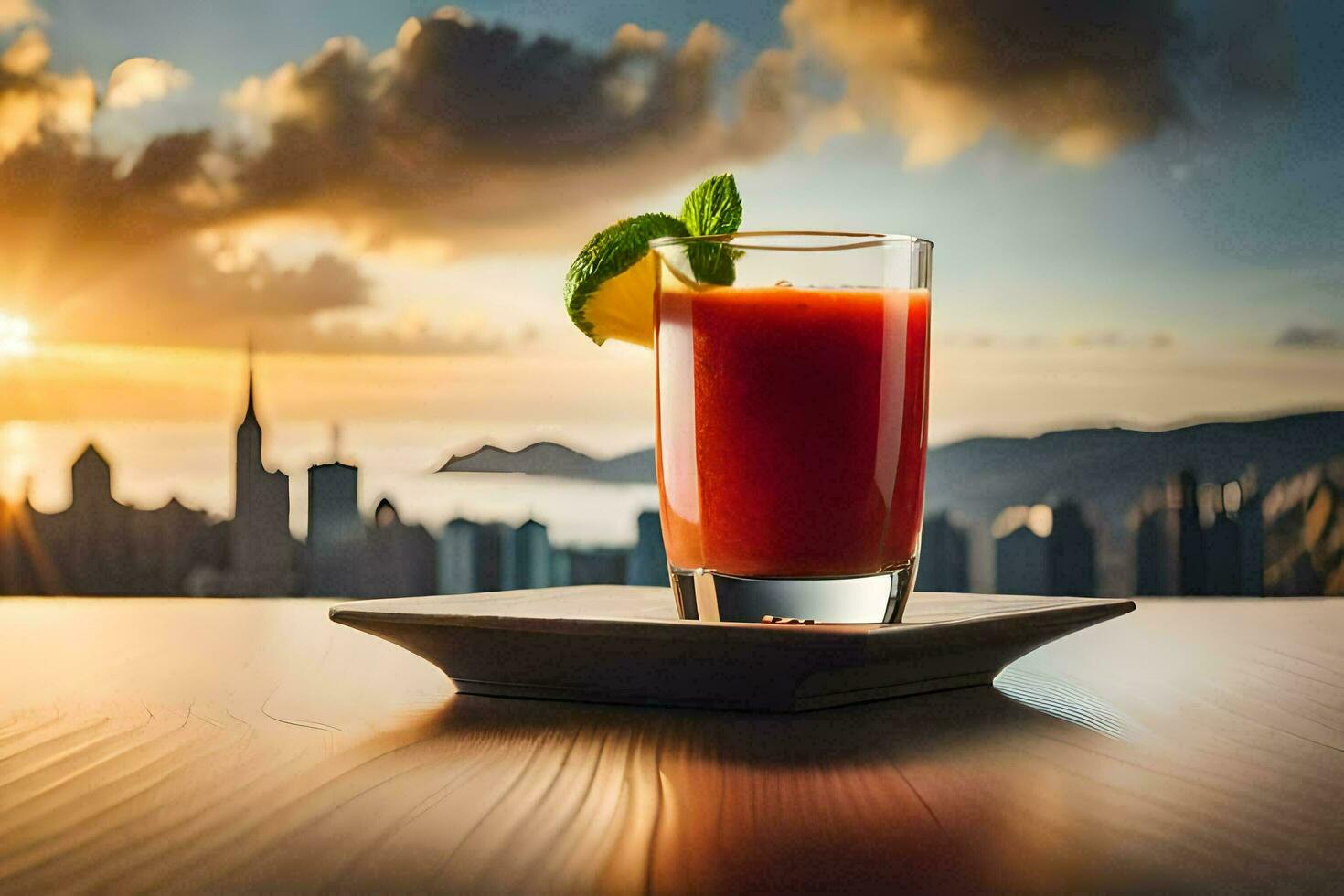 a glass of juice with a view of the city. AI-Generated photo