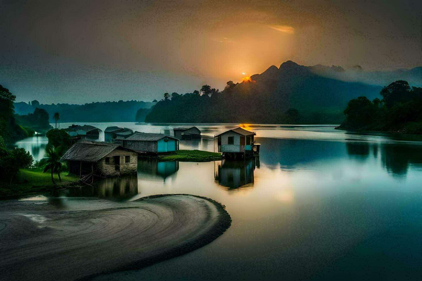 the sun rises over a river and some small houses. AI-Generated photo