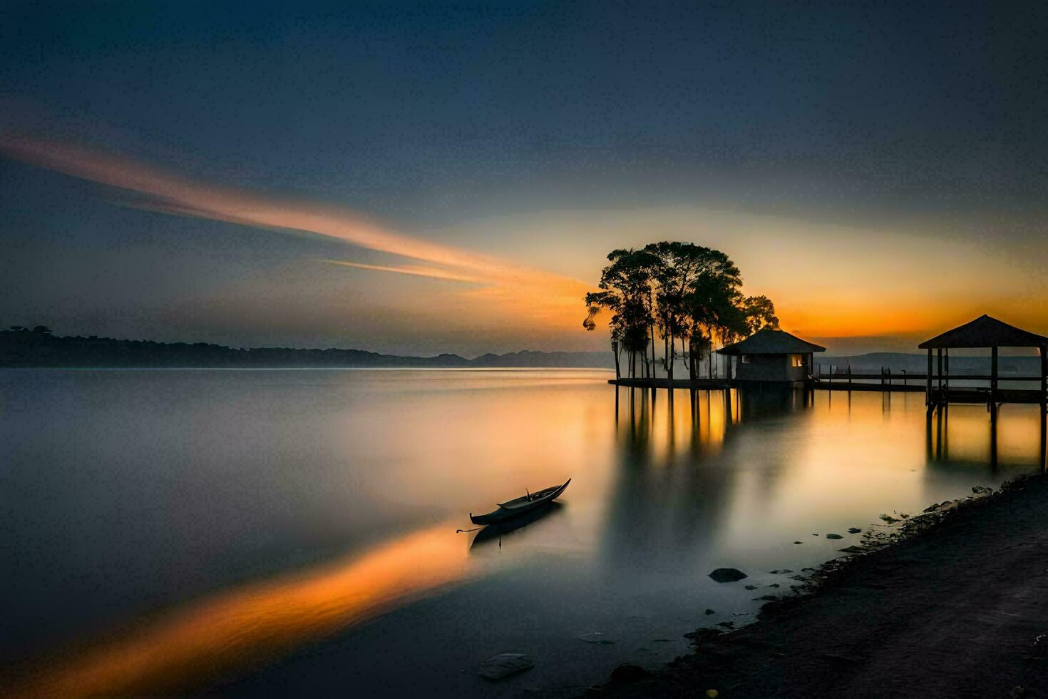 un barco muelle y un árbol en el agua a puesta de sol. generado por ai foto