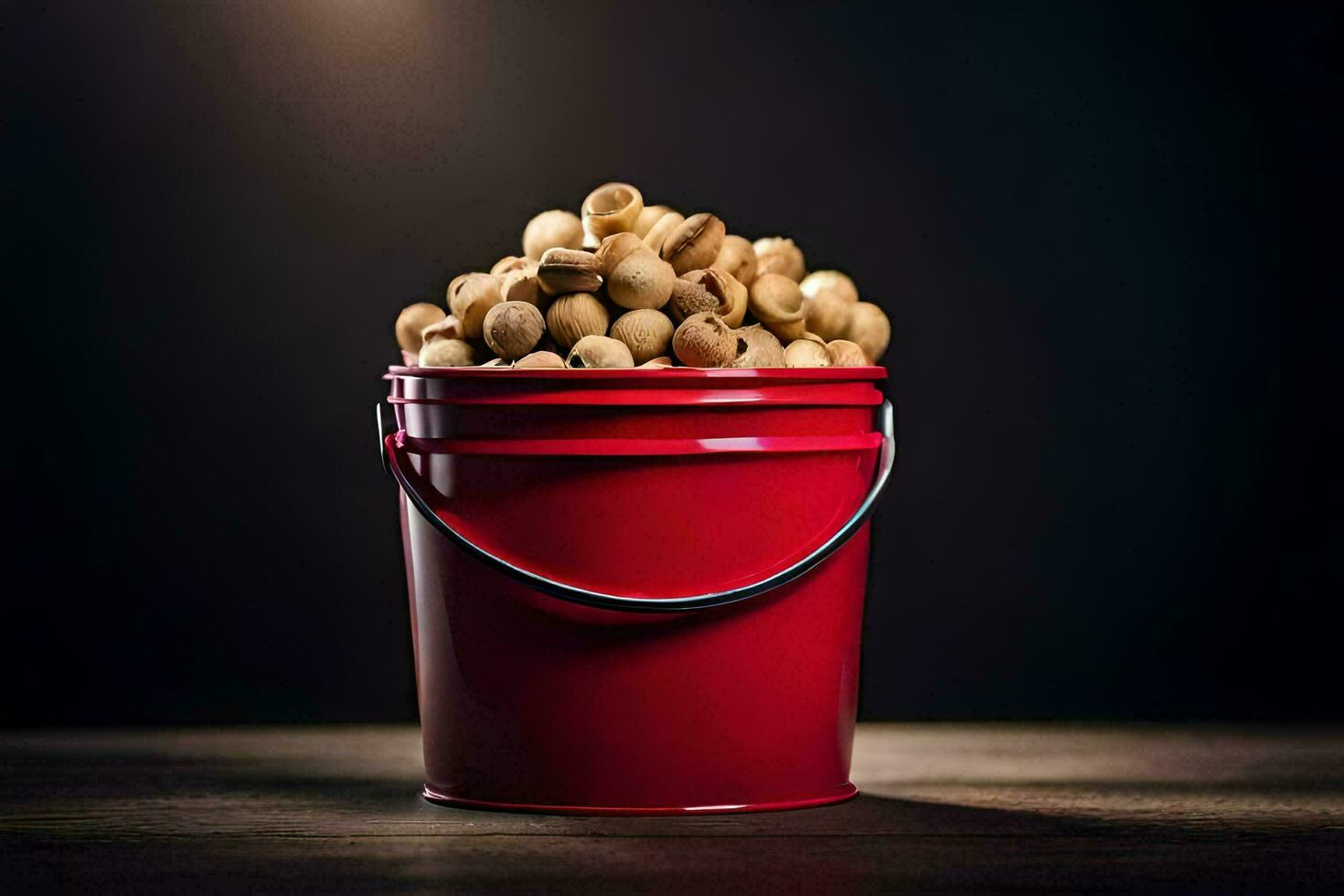 a red bucket filled with peanuts on a dark table. AI-Generated photo