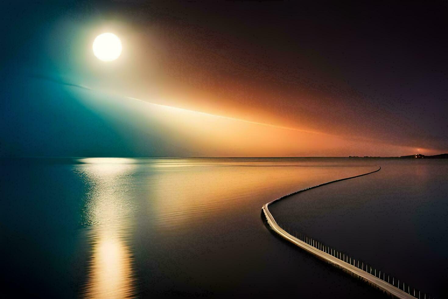 a long pier with a moon in the sky. AI-Generated photo