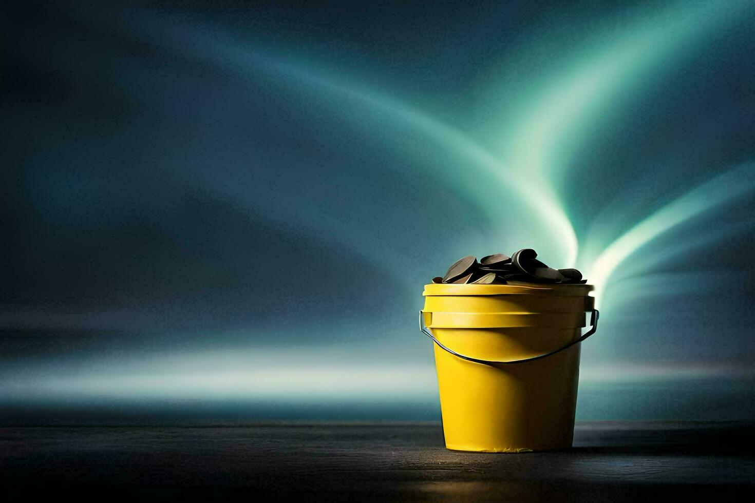 a yellow bucket filled with coal on a dark background. AI-Generated photo