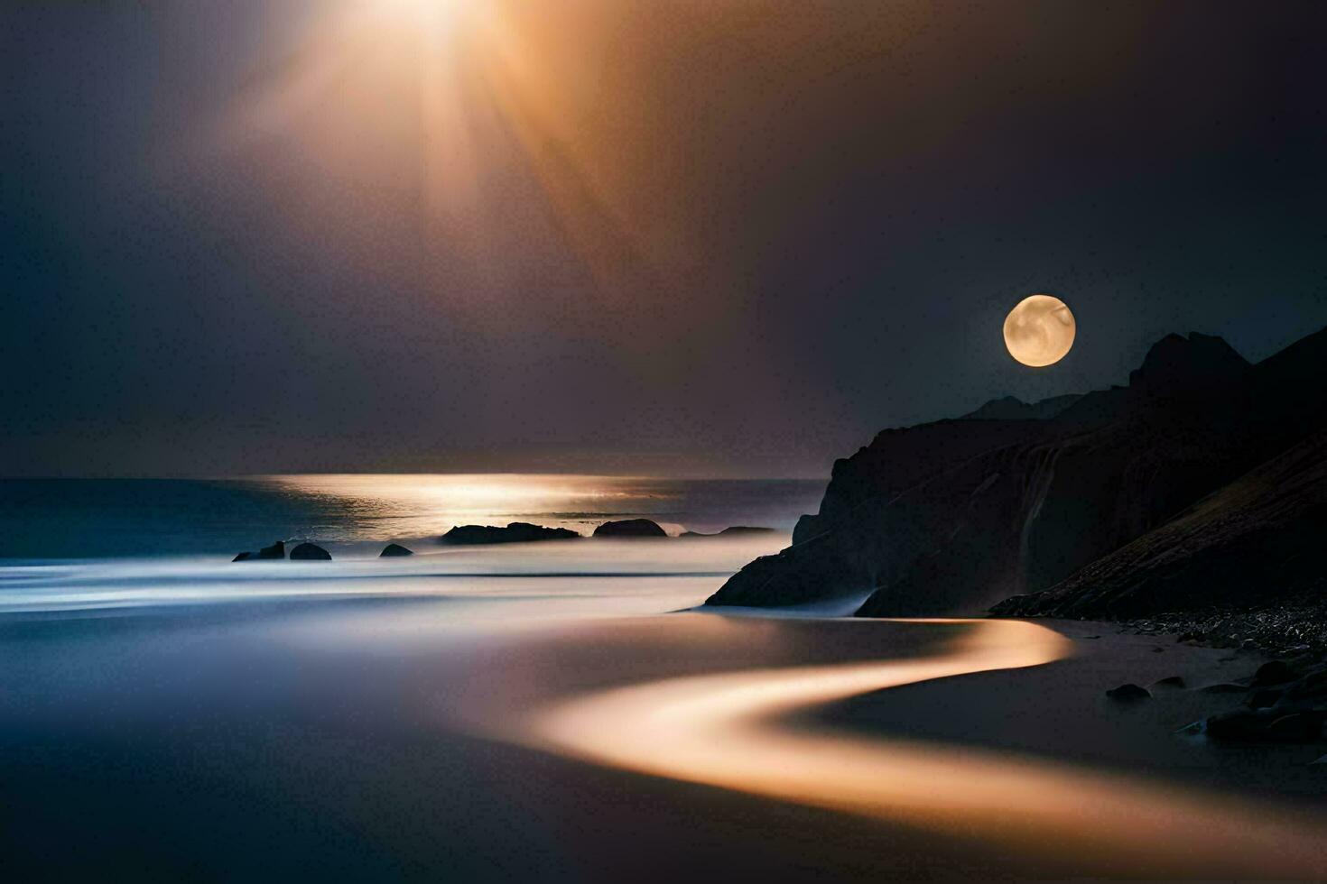 a full moon rising over the ocean at night. AI-Generated photo