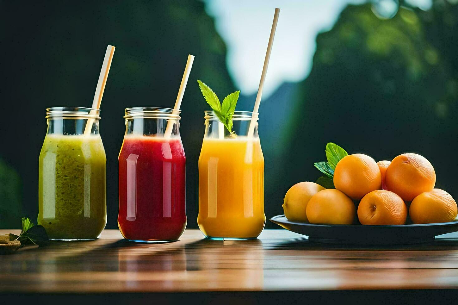 three different types of juices are shown on a table. AIGenerated