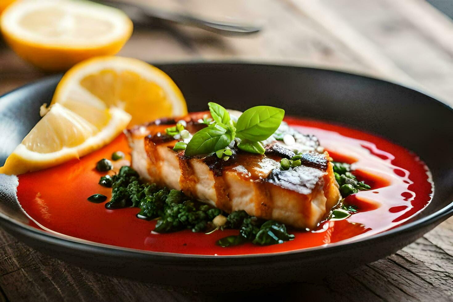 a plate of fish with sauce and lemon. AI-Generated photo