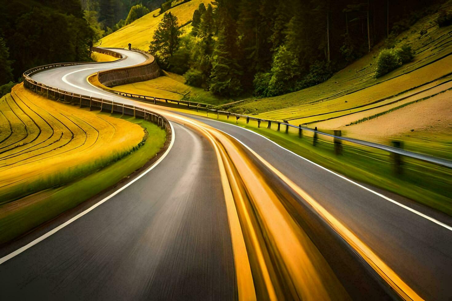 un largo exposición fotografía de un devanado la carretera. generado por ai foto