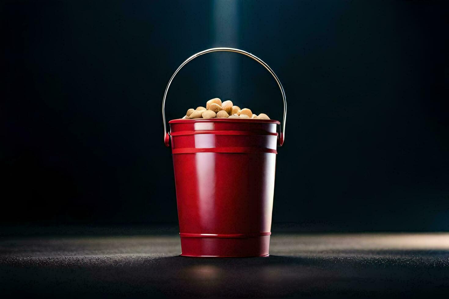 a red bucket filled with peanuts on a dark background. AI-Generated photo