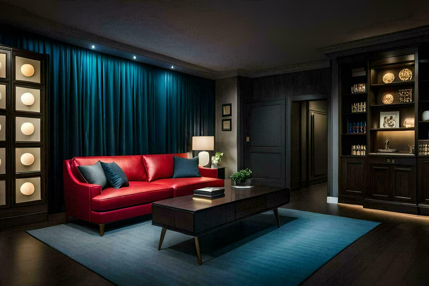 a living room with a red couch and blue curtains. AI-Generated photo